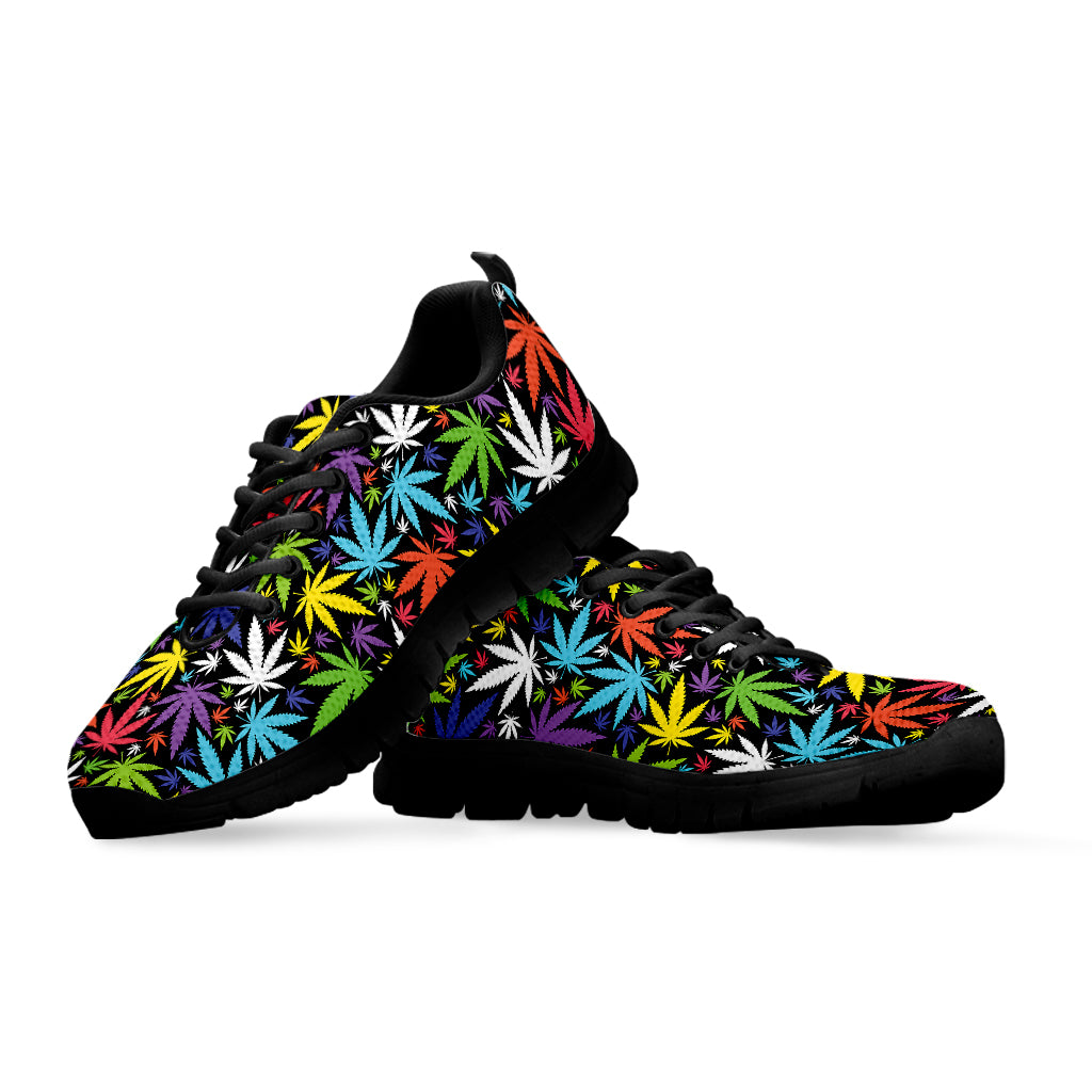 Colorful Weed Leaf Pattern Print Black Sneakers