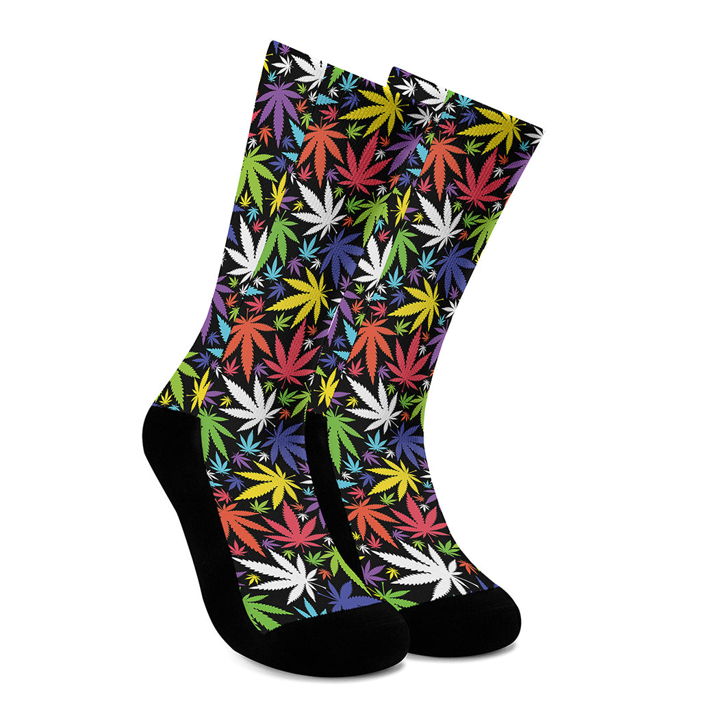 Colorful Weed Leaf Pattern Print Crew Socks