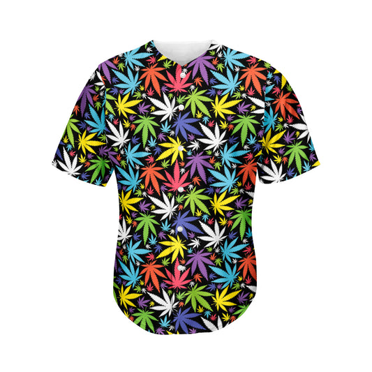 Colorful Weed Leaf Pattern Print Men's Baseball Jersey
