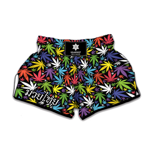 Colorful Weed Leaf Pattern Print Muay Thai Boxing Shorts