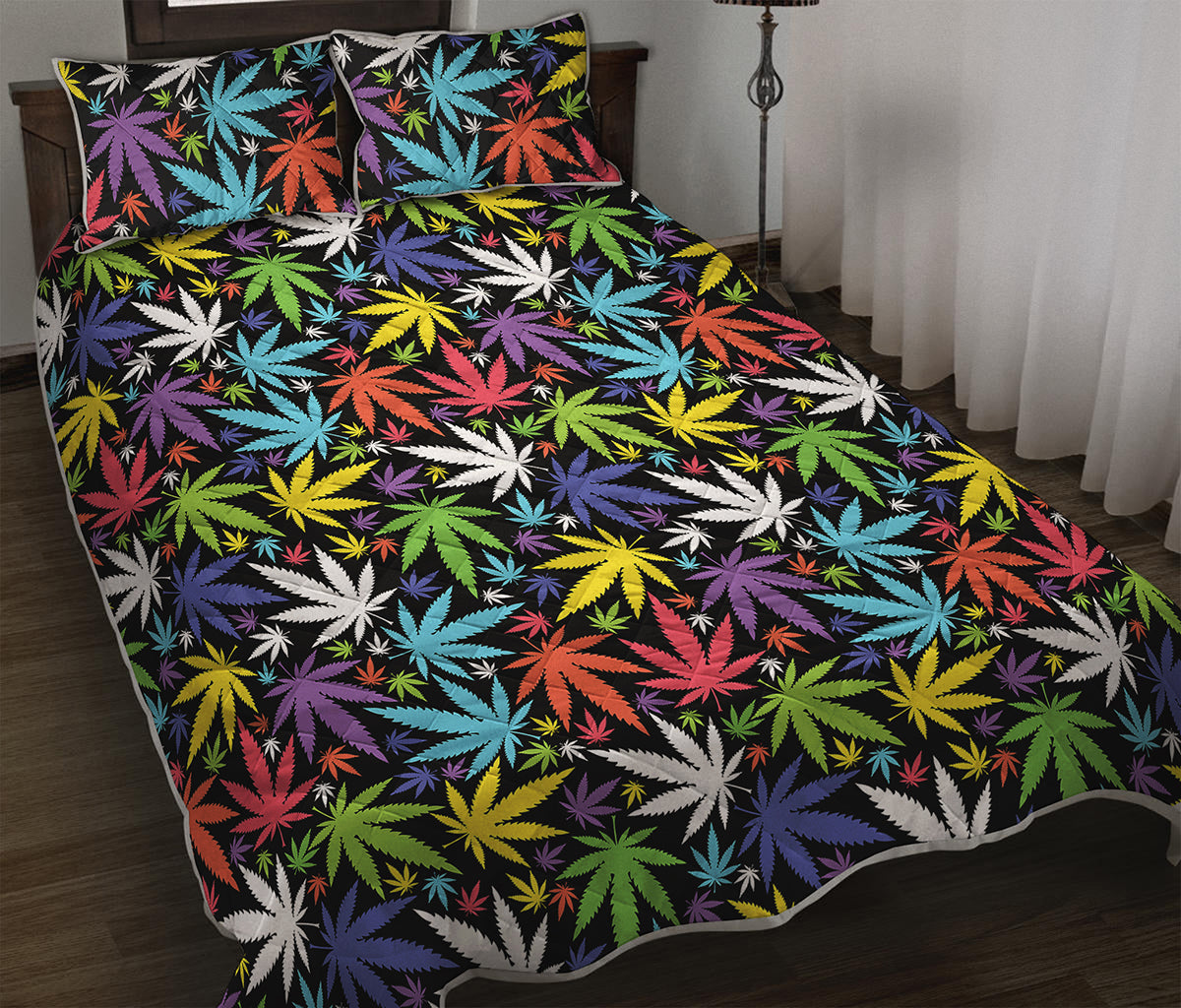 Colorful Weed Leaf Pattern Print Quilt Bed Set