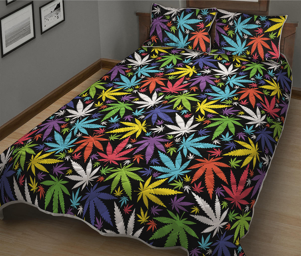 Colorful Weed Leaf Pattern Print Quilt Bed Set