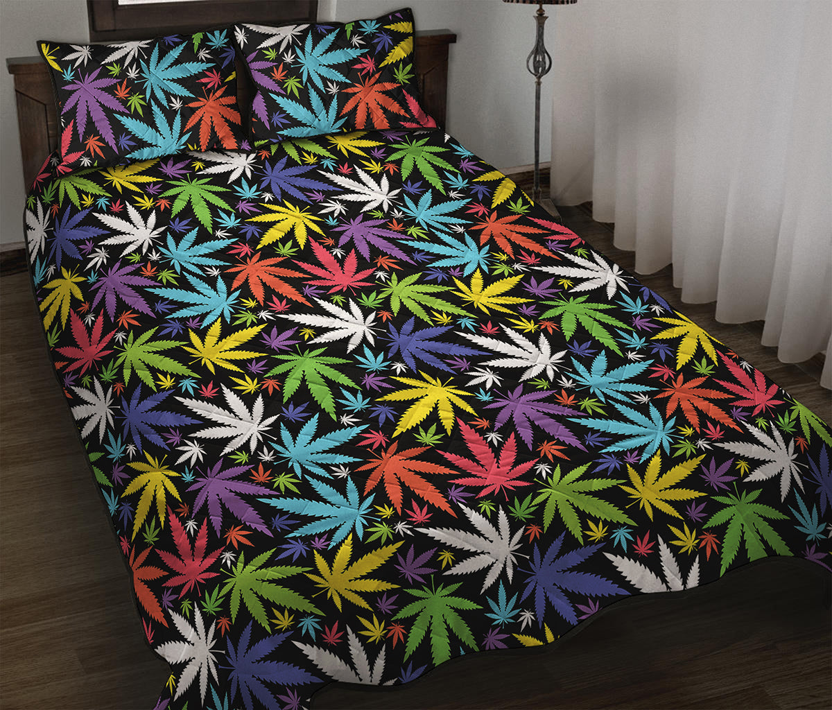 Colorful Weed Leaf Pattern Print Quilt Bed Set