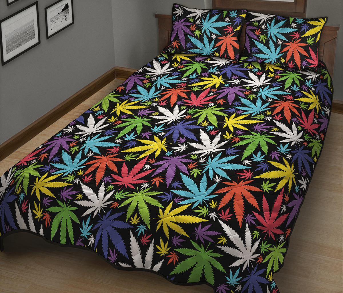 Colorful Weed Leaf Pattern Print Quilt Bed Set