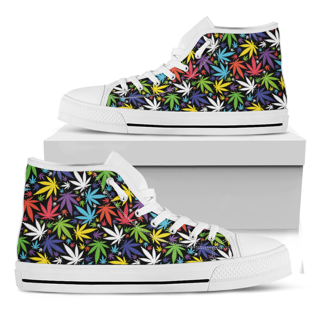 Colorful Weed Leaf Pattern Print White High Top Shoes