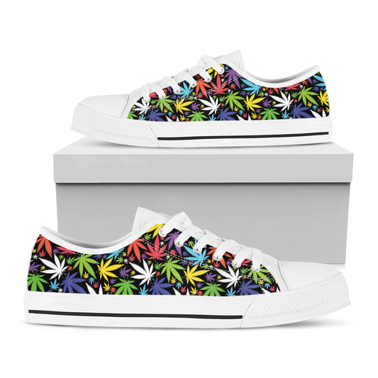 Colorful Weed Leaf Pattern Print White Low Top Shoes