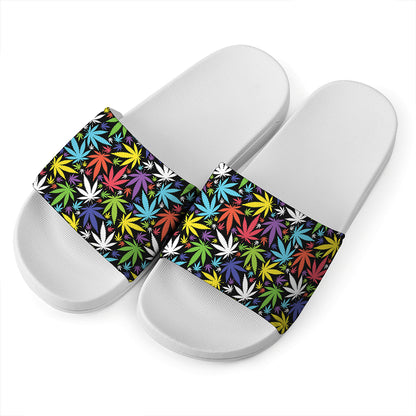 Colorful Weed Leaf Pattern Print White Slide Sandals