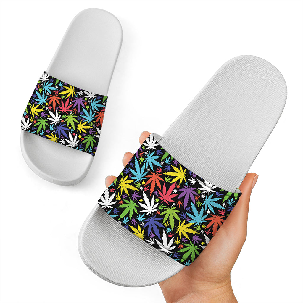 Colorful Weed Leaf Pattern Print White Slide Sandals