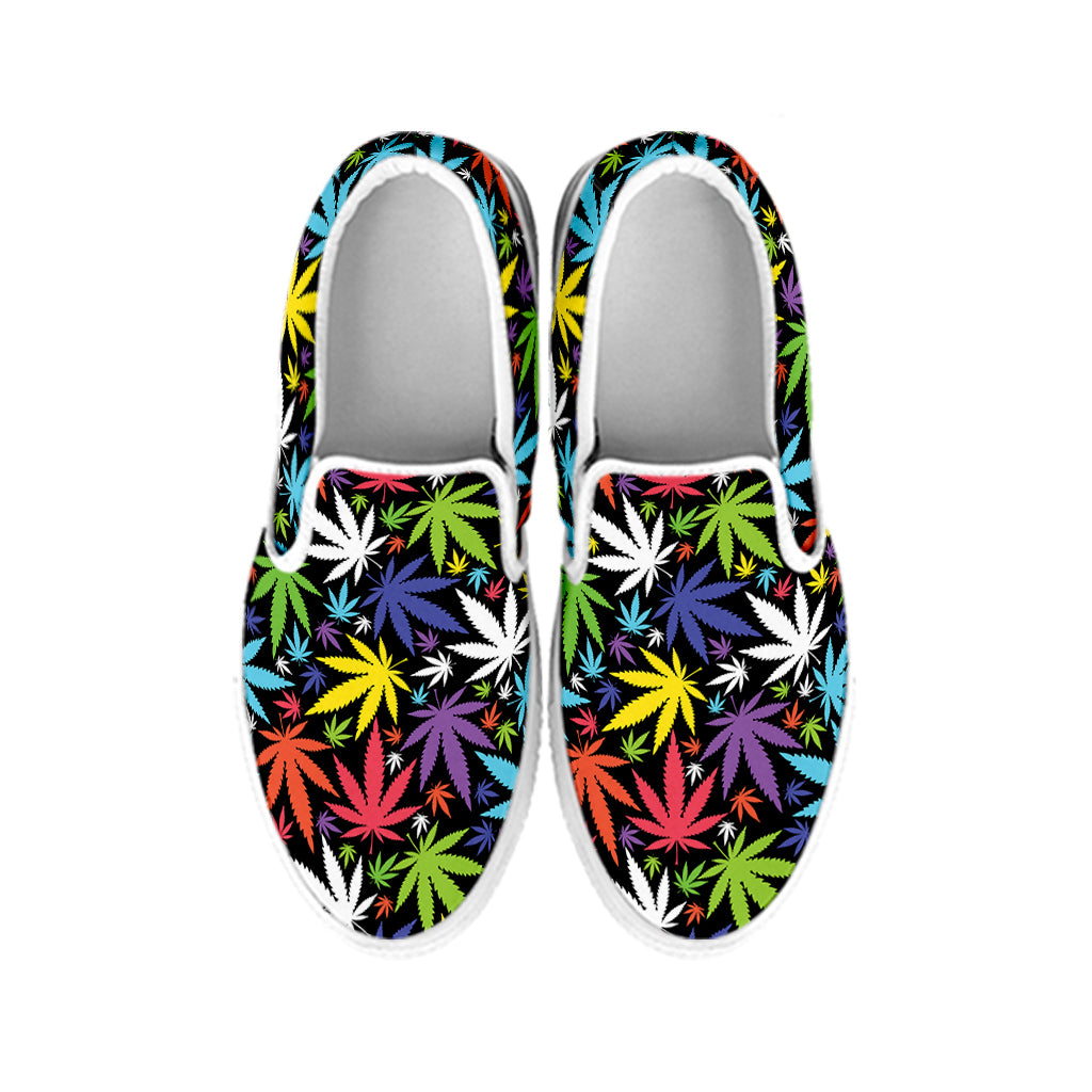 Colorful Weed Leaf Pattern Print White Slip On Shoes