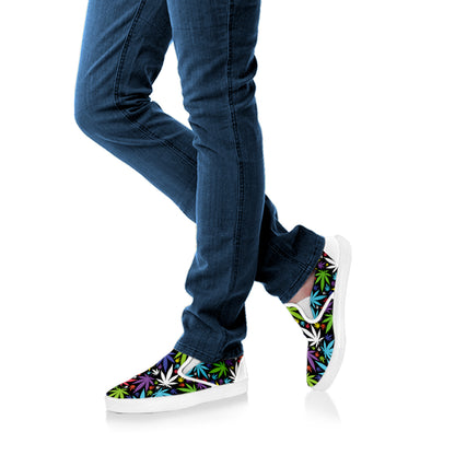 Colorful Weed Leaf Pattern Print White Slip On Shoes