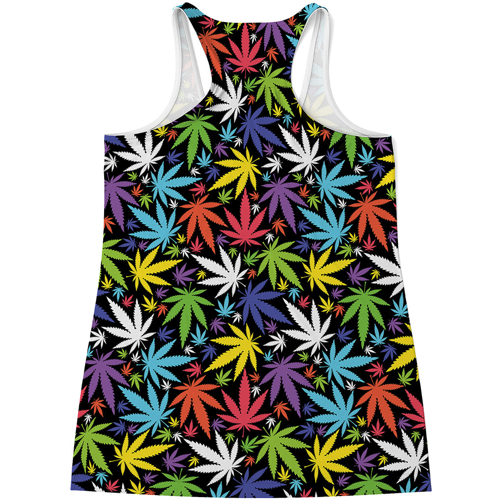 Colorful Weed Leaf Pattern Print Women's Racerback Tank Top