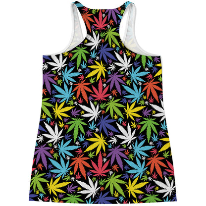 Colorful Weed Leaf Pattern Print Women's Racerback Tank Top