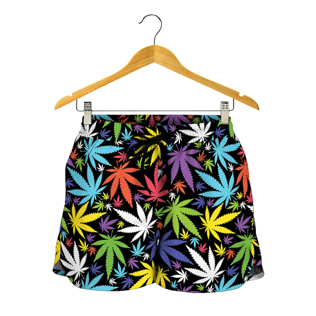 Colorful Weed Leaf Pattern Print Women's Shorts