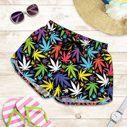 Colorful Weed Leaf Pattern Print Women's Shorts