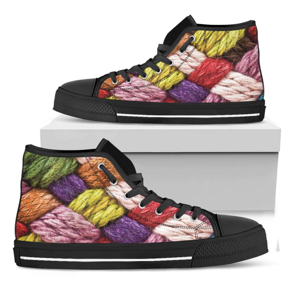 Colorful Wool Yarns Print Black High Top Shoes