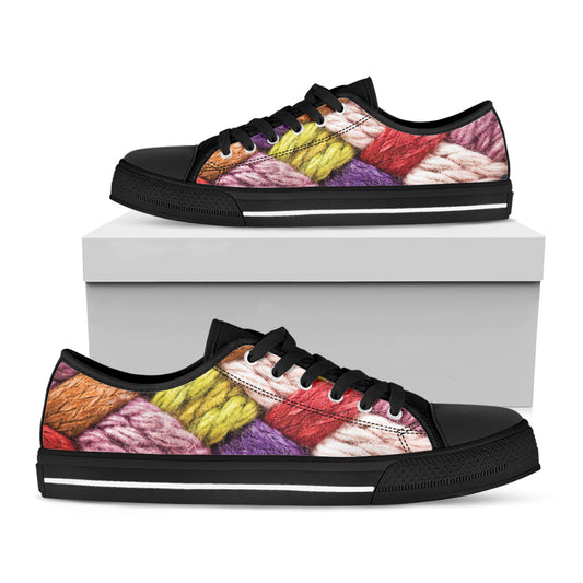 Colorful Wool Yarns Print Black Low Top Shoes