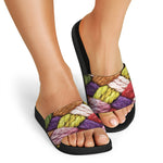 Colorful Wool Yarns Print Black Slide Sandals