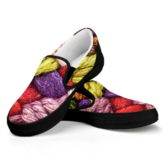 Colorful Wool Yarns Print Black Slip On Shoes