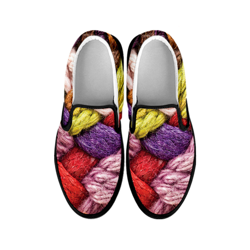 Colorful Wool Yarns Print Black Slip On Shoes