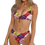 Colorful Wool Yarns Print Front Bow Tie Bikini