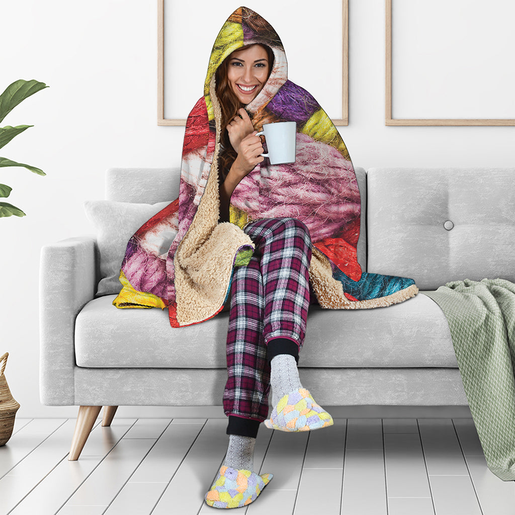 Colorful Wool Yarns Print Hooded Blanket