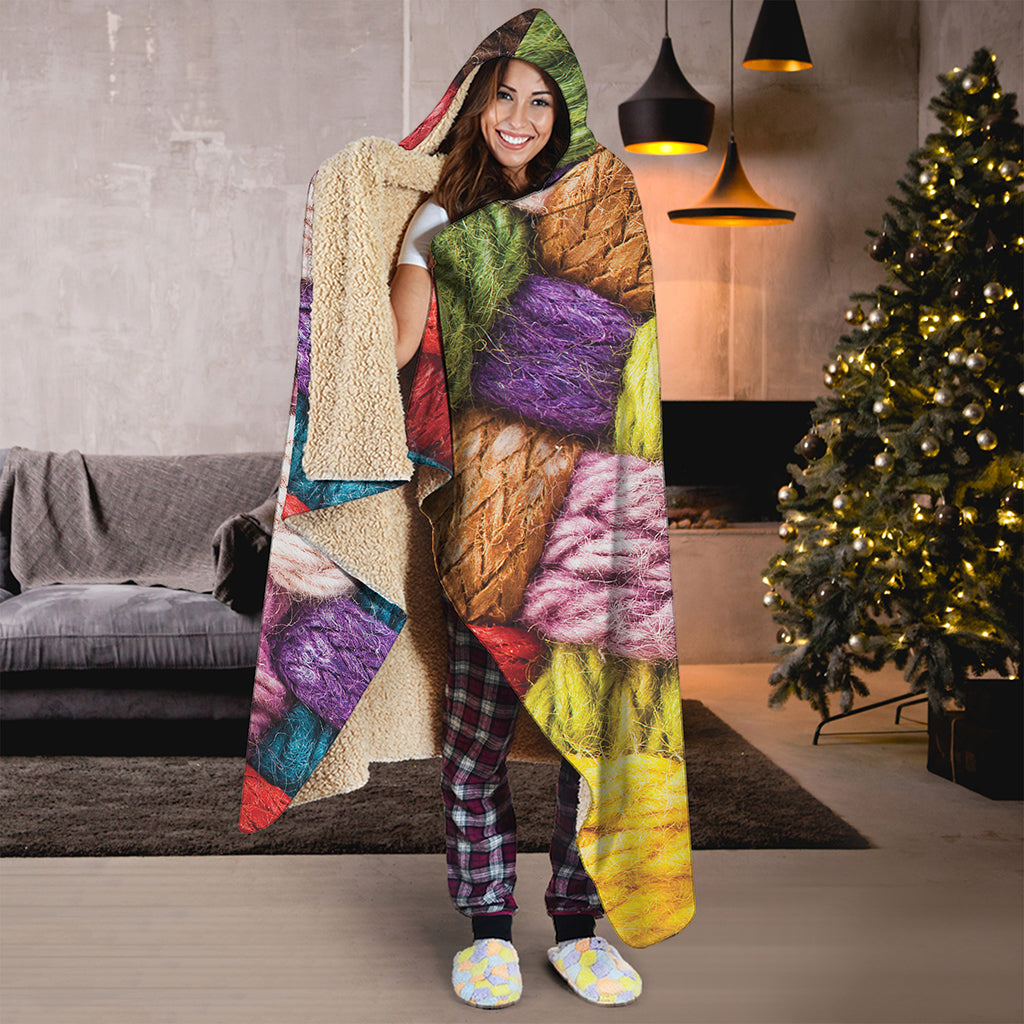 Colorful Wool Yarns Print Hooded Blanket