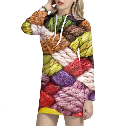 Colorful Wool Yarns Print Hoodie Dress