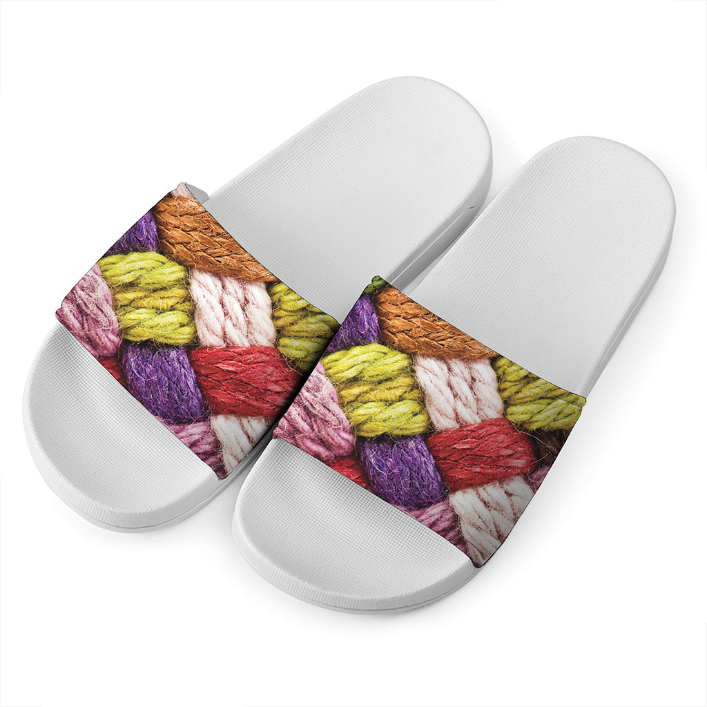 Colorful Wool Yarns Print White Slide Sandals