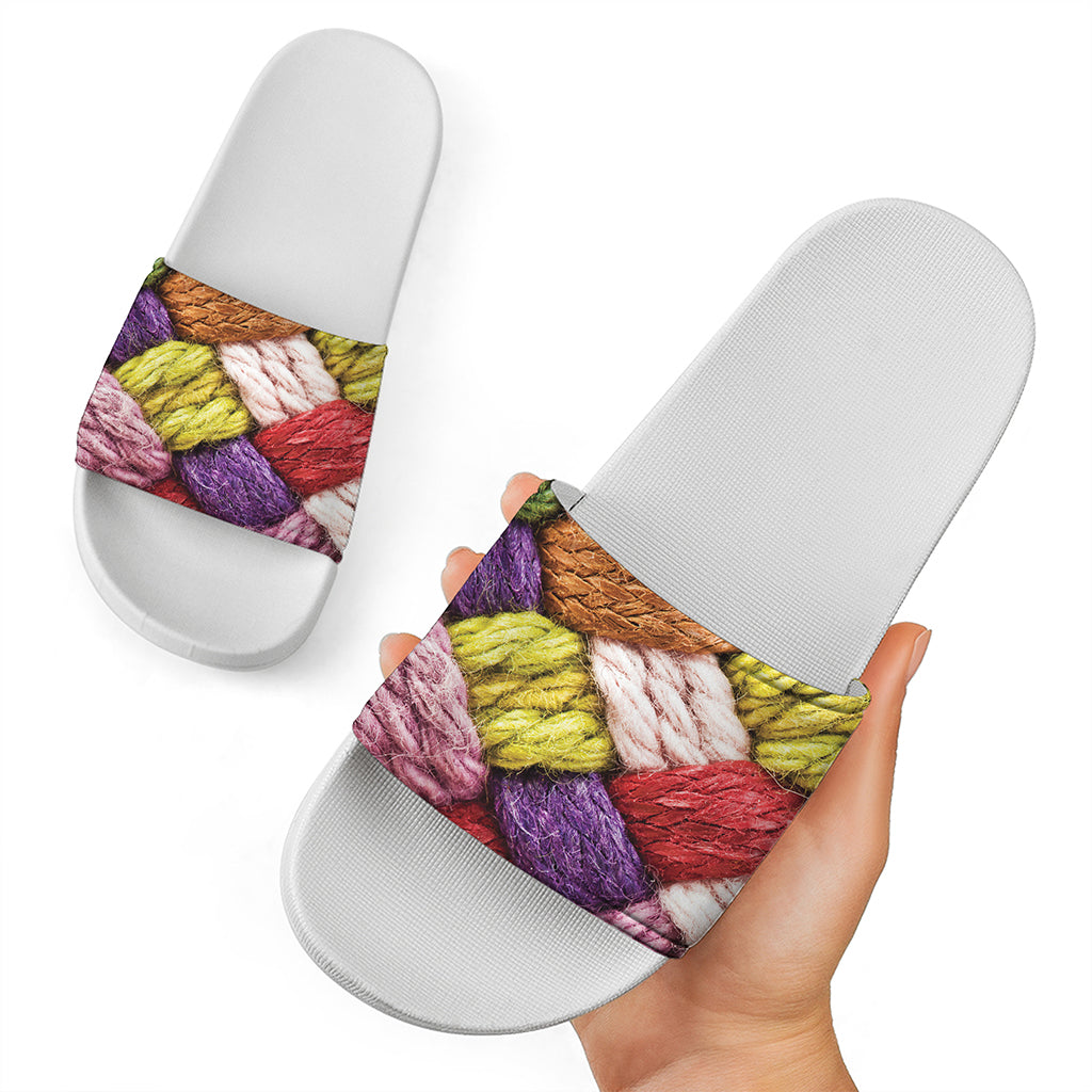 Colorful Wool Yarns Print White Slide Sandals