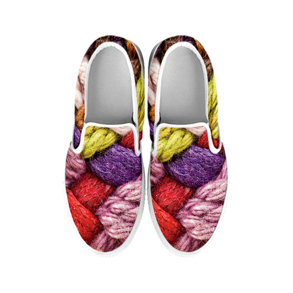 Colorful Wool Yarns Print White Slip On Shoes