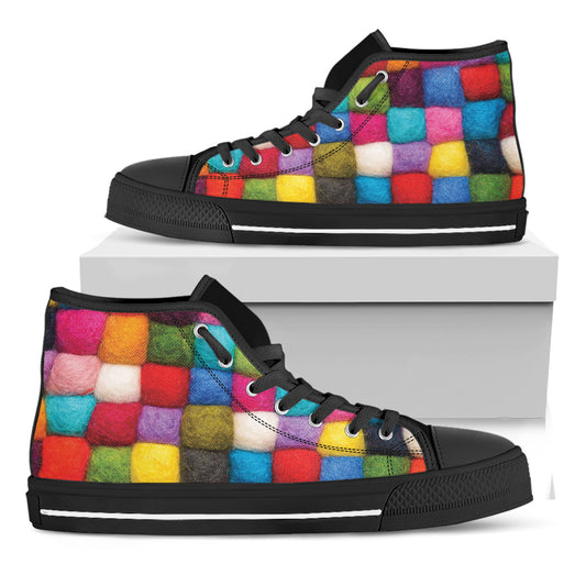 Colorful Yarn Balls Print Black High Top Shoes