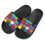 Colorful Yarn Balls Print Black Slide Sandals