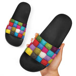 Colorful Yarn Balls Print Black Slide Sandals