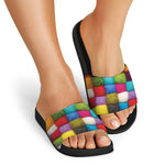 Colorful Yarn Balls Print Black Slide Sandals