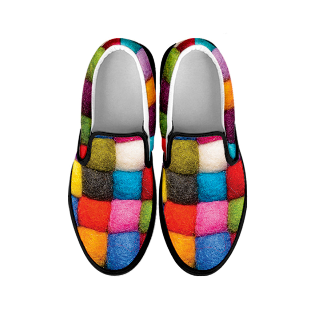 Colorful Yarn Balls Print Black Slip On Shoes