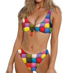 Colorful Yarn Balls Print Front Bow Tie Bikini