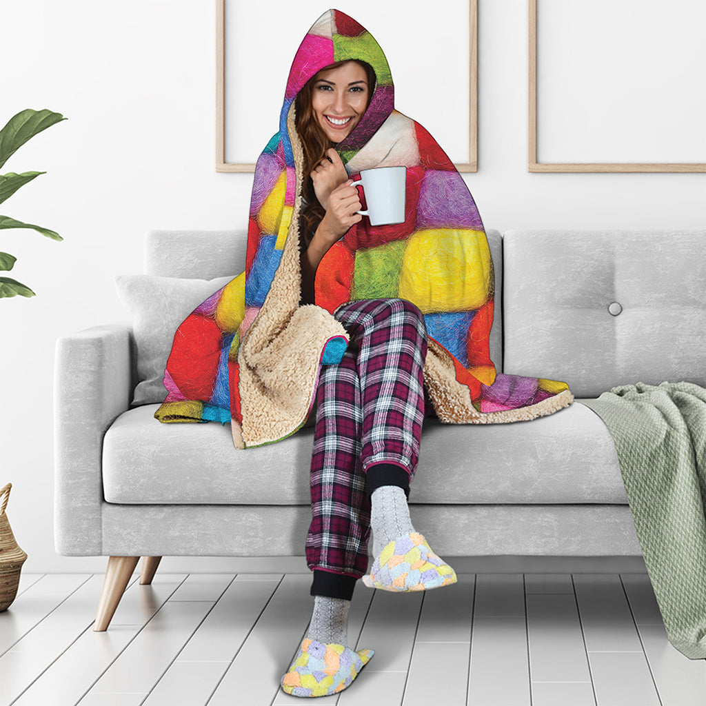 Colorful Yarn Balls Print Hooded Blanket