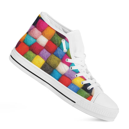 Colorful Yarn Balls Print White High Top Shoes