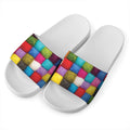 Colorful Yarn Balls Print White Slide Sandals