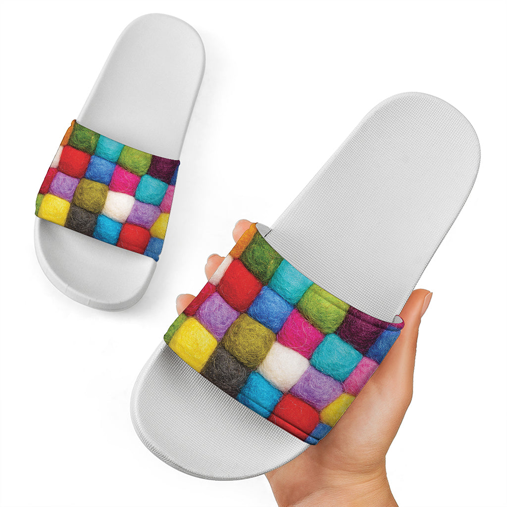 Colorful Yarn Balls Print White Slide Sandals