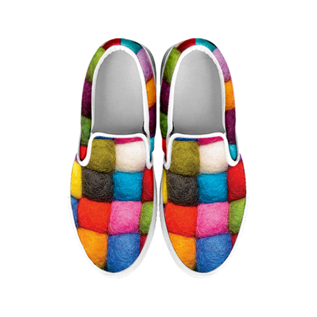 Colorful Yarn Balls Print White Slip On Shoes