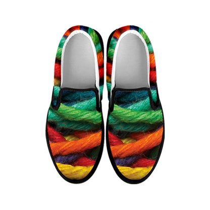 Colorful Yarn Print Black Slip On Shoes