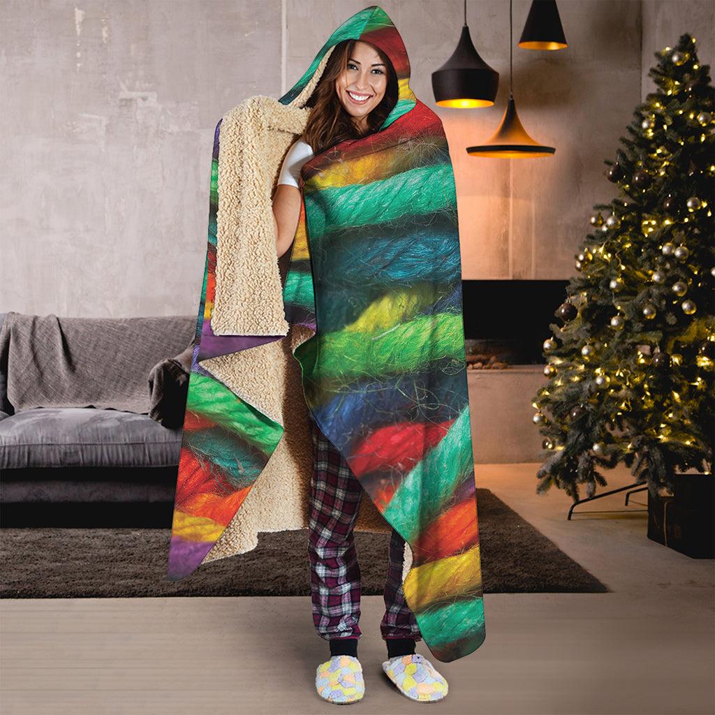 Colorful Yarn Print Hooded Blanket