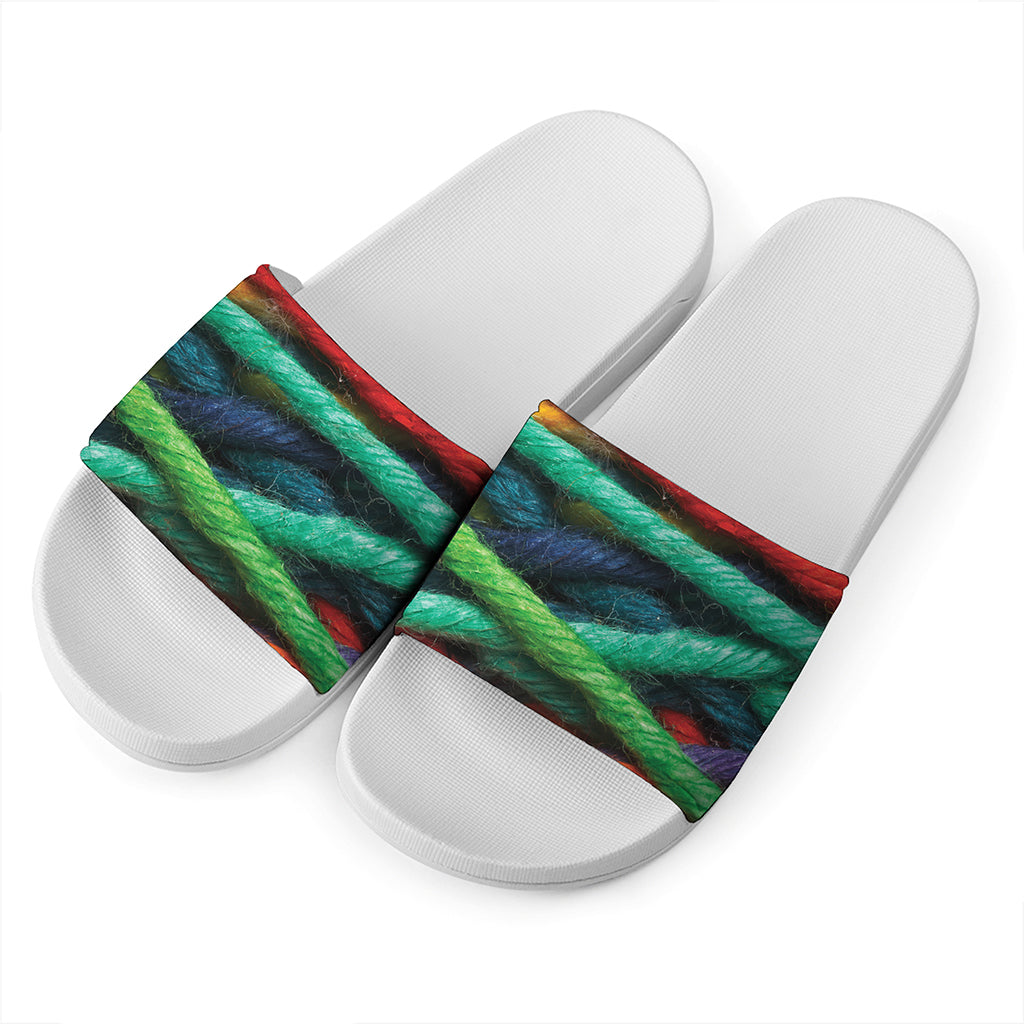 Colorful Yarn Print White Slide Sandals