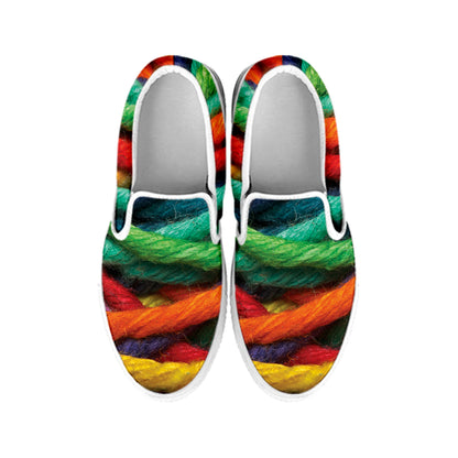 Colorful Yarn Print White Slip On Shoes