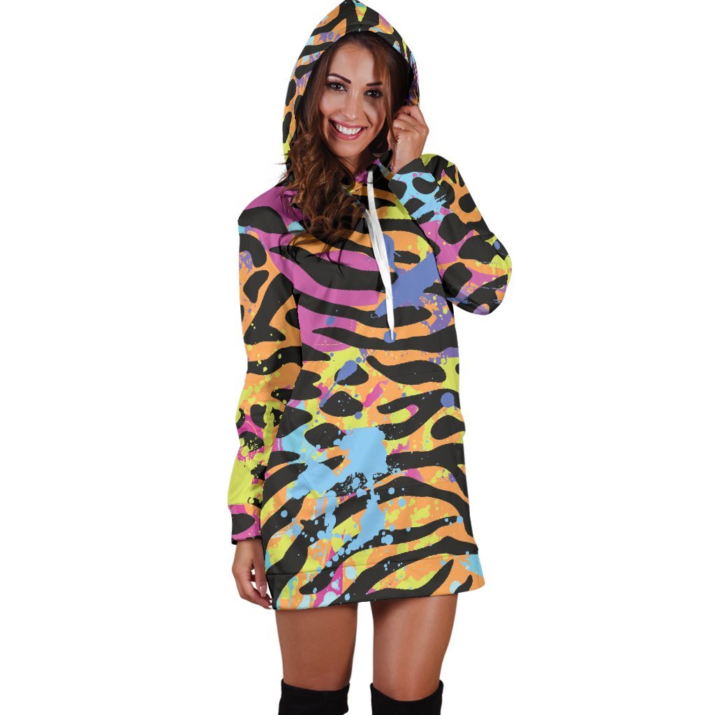 Colorful Zebra Leopard Pattern Print Hoodie Dress GearFrost