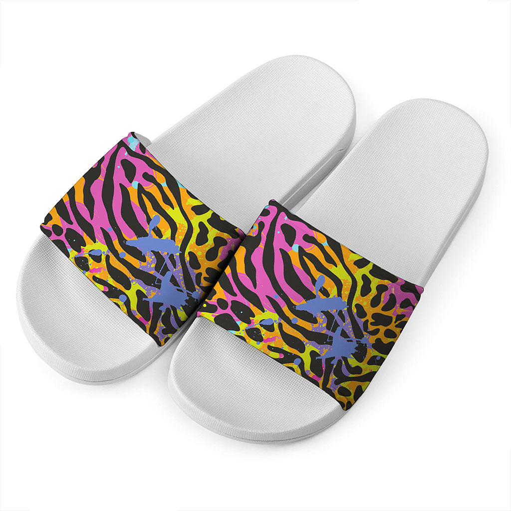 Colorful Zebra Leopard Pattern Print White Slide Sandals