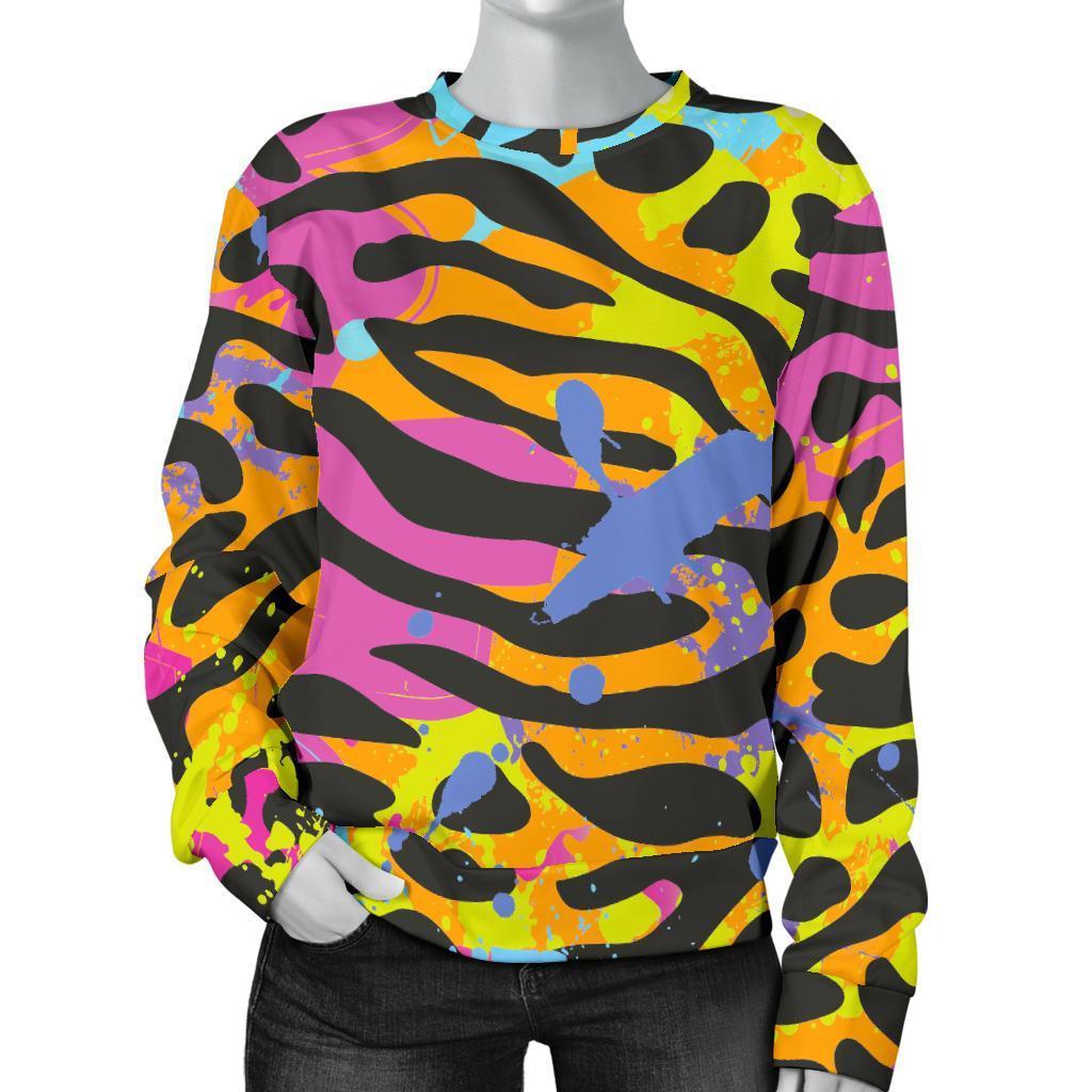 Colorful Zebra Leopard Pattern Print Women's Crewneck Sweatshirt GearFrost