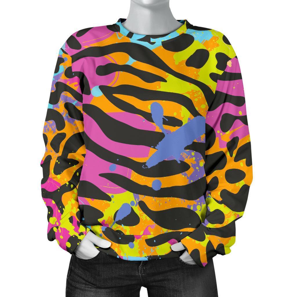 Colorful Zebra Leopard Pattern Print Women's Crewneck Sweatshirt GearFrost