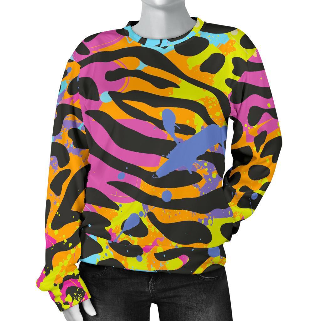 Colorful Zebra Leopard Pattern Print Women's Crewneck Sweatshirt GearFrost